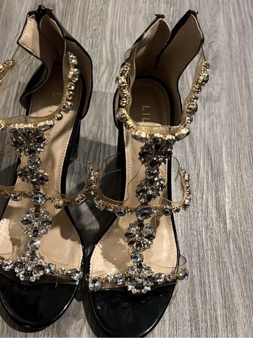 Black Jeweled Strappy High Heel Sandals -